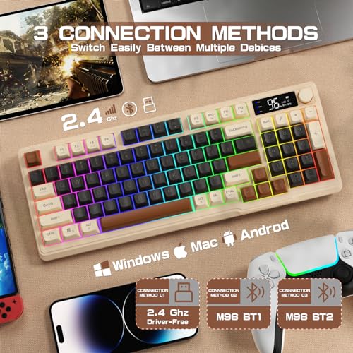 M96 Wireless Gaming Keyboard,Knob Control Bluetooth/2.4G Wireless Mechanical Feeling Keyboard,RGB LED Backlit with Display Screen, PBT Keycap, 2000mAh, 94-Key Layout for Win/Mac (Coffee) - Image 4