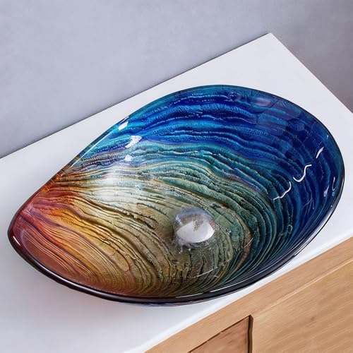 ZYCDP Lavabo de Vidrio Templado Lavamanos Baño 550 X 380 X 170 mm Sin Agujero Para Grifo Azul+Rojo