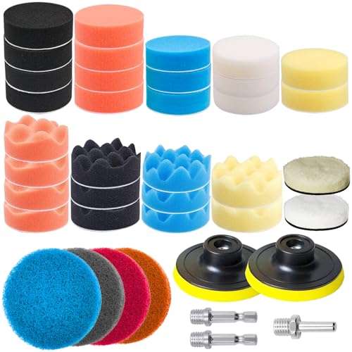 39点セット 75mm ポリッシャーバフ GOH DODD ポリッシャースポンジ 六角軸 円形軸 付き 研磨パッド 洗車 車磨きバフ ワックスがけ 研磨艶出し 塗装仕上げ 浴室掃除 水垢取りに 電動ドリル ドライバー 電動ポリッシャー用