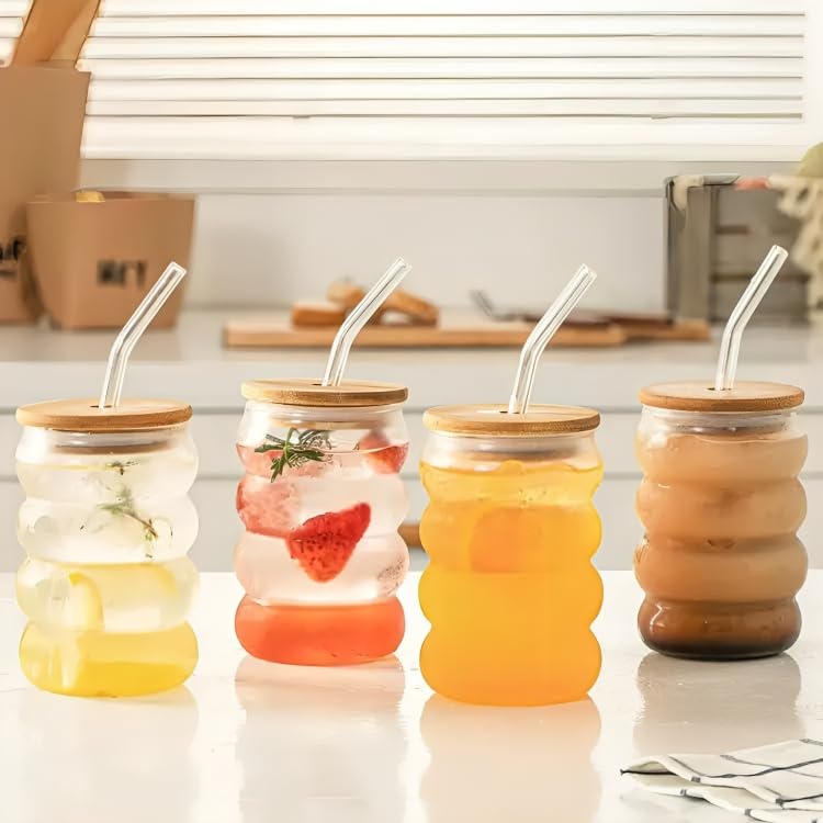 Image of SKDBPM Can with Straw, Transparent Glass Fruit Juice Milk Sipper Tumbler Mug with Lid and Glass Straw - 540ml - Pack of 1 (2 Wave Mug)