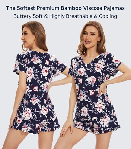 Image of WiWi Womens Pajamas Set Bamboo Viscose Super Soft Short Sleeve Top Ruffle Shorts Sleepwear Cooling Pj Sets S-XXL