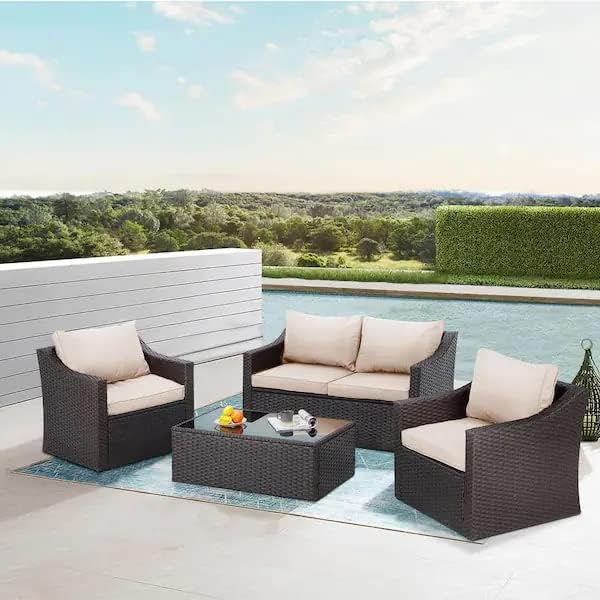 Image of Amazon Brand - Solimo Solara Outdoor Rattan Wicker 4 Seater Sofa Set with Cushions & Center Table | Conversation Set Patio Furniture Sectional for Balcony Garden, Backyard, Lawn, Poolside (Dark Brown)