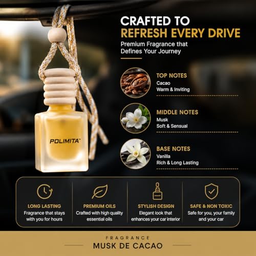 Image of Musk De Cacao Car Perfume | Premium Car Hanging Air Freshener | Rich Musk Fragrance | Frosted Glass Bottle with Wooden Cap | Leak Resistant | Long Lasting Up to 30 Days | 8ml