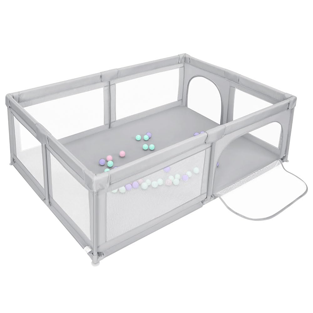 OHMG Parco per bambini, parco per bambini, 50 palline, grande parco per bambini, per interni ed esterni, con base antiscivolo, barriera parco bebebe,in tessuto Oxford, altoparlante per bambini (grigio