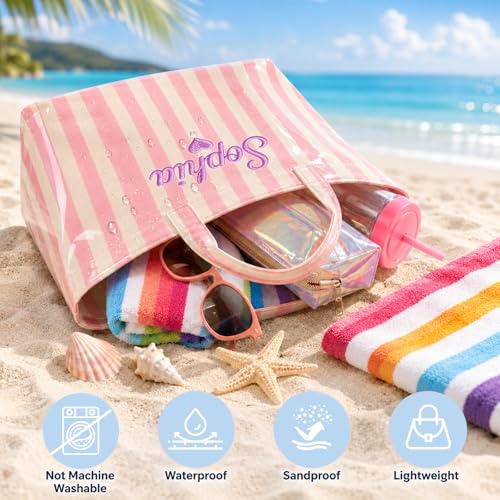 Image of Personalized Waterproof Beach Tote Bag for Women, PVC Sandproof Pool Handbag for Summer, Bridesmaids Birthday Gifts