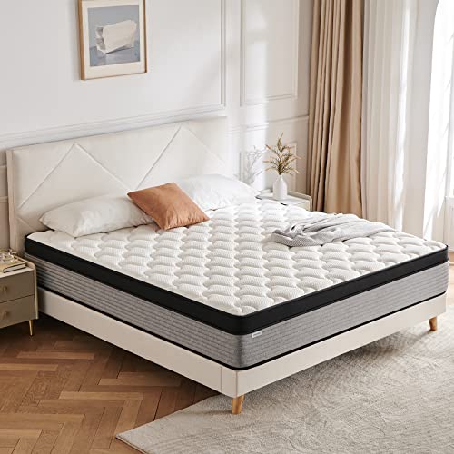 JINGWEI Queen Mattress, 12 Inch Innerspring Hybrid Mattress in a Box, Individually Pocket Coils for Motion Isolation & Cool Sleep, Queen Bed for Back Pain, Medium Firm, Gray