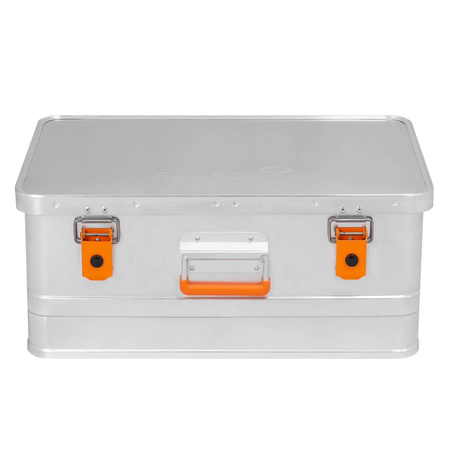Alubox Werkzeugtruhe Werkzeugkoffer EASY 40 Liter silber Alu glänzend - orange Schnallen - Frontgriff - Außenmaße L 56 x B 37,5 x H 24 cm