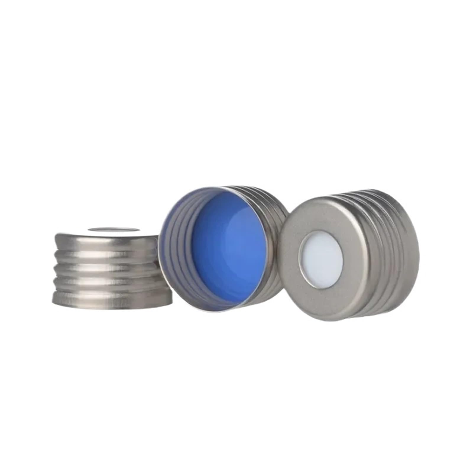 equipo de laboratorio Tapón de rosca, espacio de cabeza, acero, tapa magnética, septos de PTFE/silicona (parte superior blanca, parte inferior azul) 18 mm, 100/paquete. Tamaño de la tapa: 18 mm