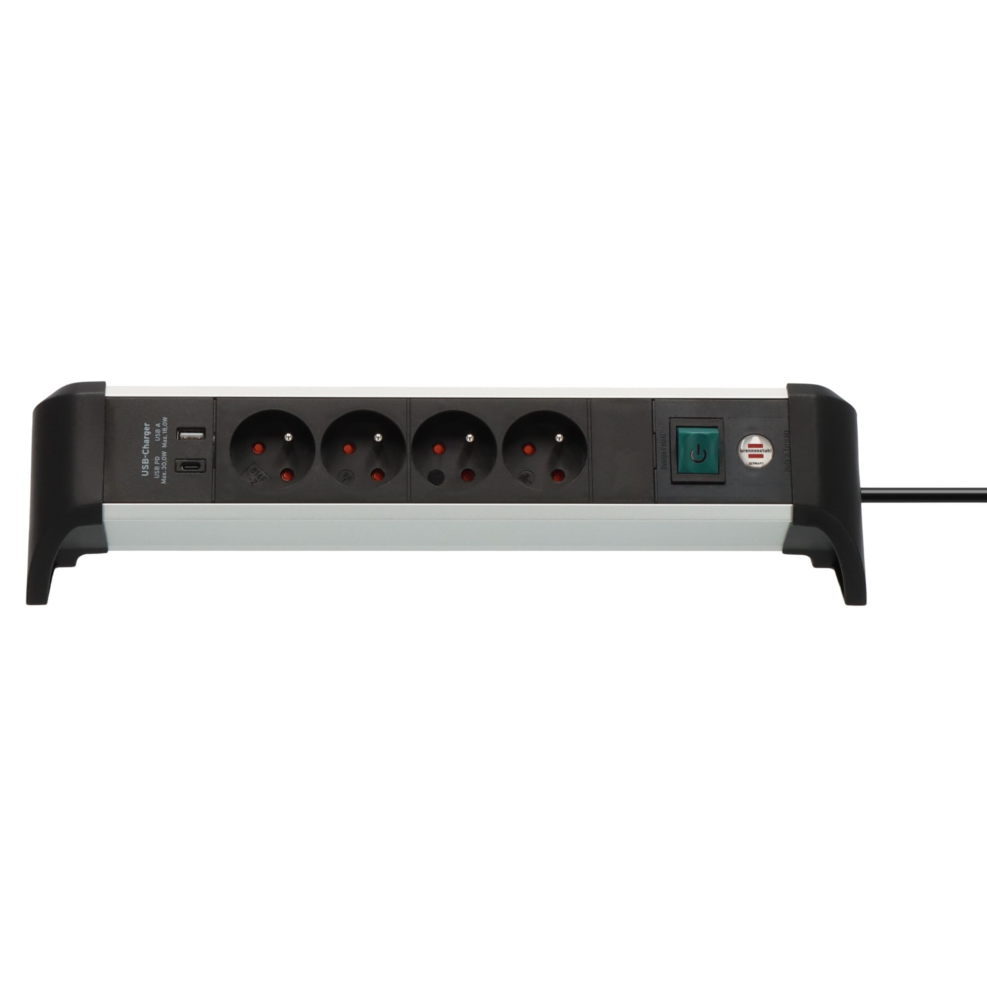 Brennenstuhl Alu-Office-Line Listwa zasilająca z 4 gniazdami i USB C PD 30W i USB A 18W (Made in Germany, gniazdo wielogniazdowe idealne do biura, kabel 1,8 m, z przełącznikiem)