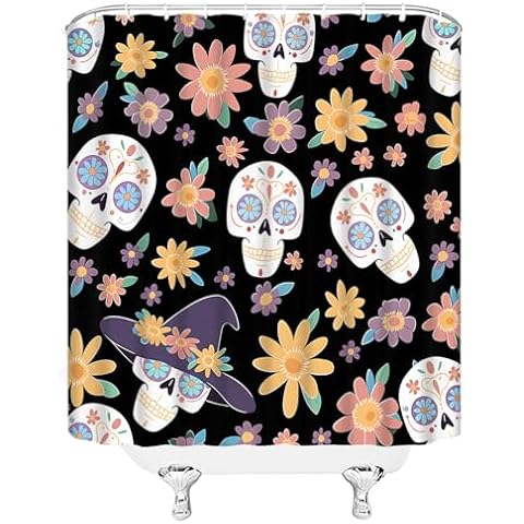 ZKJSMGS Gothic Shower Curtain Suger Skull Floral Boho Spooky Halloween Festival Black Purple Yellow Bathroom Home Curtain Decor with Hooks,70" Wx70 H Cover