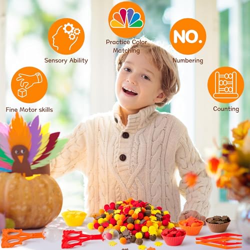 Image of EZdhuawuse Fall Sensory Bin Fillers - 294P Fall Thanksgiving Fine Motor Toys Counting Sorting Set for Kids Autumn Counting Toy with Felt Maple Leaf Pom Poms Cup Clip for Preschool Education Activities