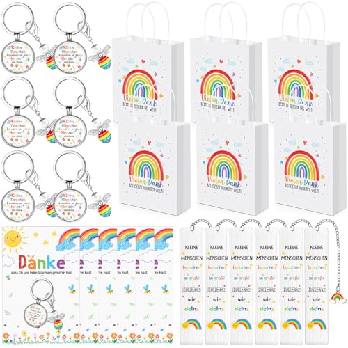 Clabby 6 Sets Cadeau Remerciement pour Enseignants Contient 6 Cartes Remerciement 6 Sacs en Papier Arc-En-Ciel 6 Porte-Clés Anges 6 Marque-Pages en Acier...