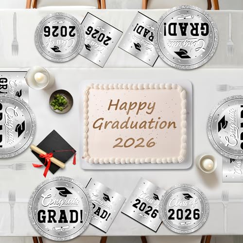 Image of QZYL 200Pcs Sliver Graduation Plates and Napkins, Graduation Party Supplies for 50 Guests, Disposable Grad Dessert Plates and Plastic Forks for Grad Party Decorations