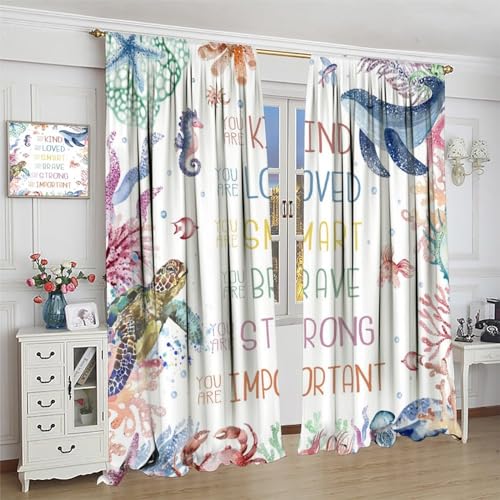 Kids Sea Animal Curtains, Funny Fairy Tales Colorful Inspirational Quotes Ocean Whale Coral Starfish Drapes For Child, Blackout Rod Pocket Window Treatments for Living Room Bedroom Bathroom 42x45in - Image 3