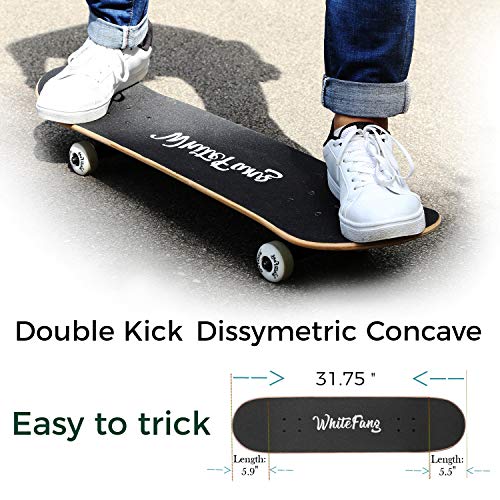 Image of WhiteFang Skateboards for Beginners, Complete Skateboard 31 x 7.88, 7 Layer Canadian Maple Double Kick Concave Standard and Tricks Skateboards for Kids and Beginners