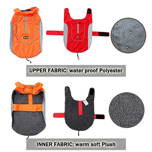 TFENG Reflektierend Hundejacke Brust 62-74cm, Rückenlänge 45cm Wasserdicht Hundemantel Warm gepolstert Puffer Weste Welpen Regenmantel mit Fleece (Größe XL, Orange)