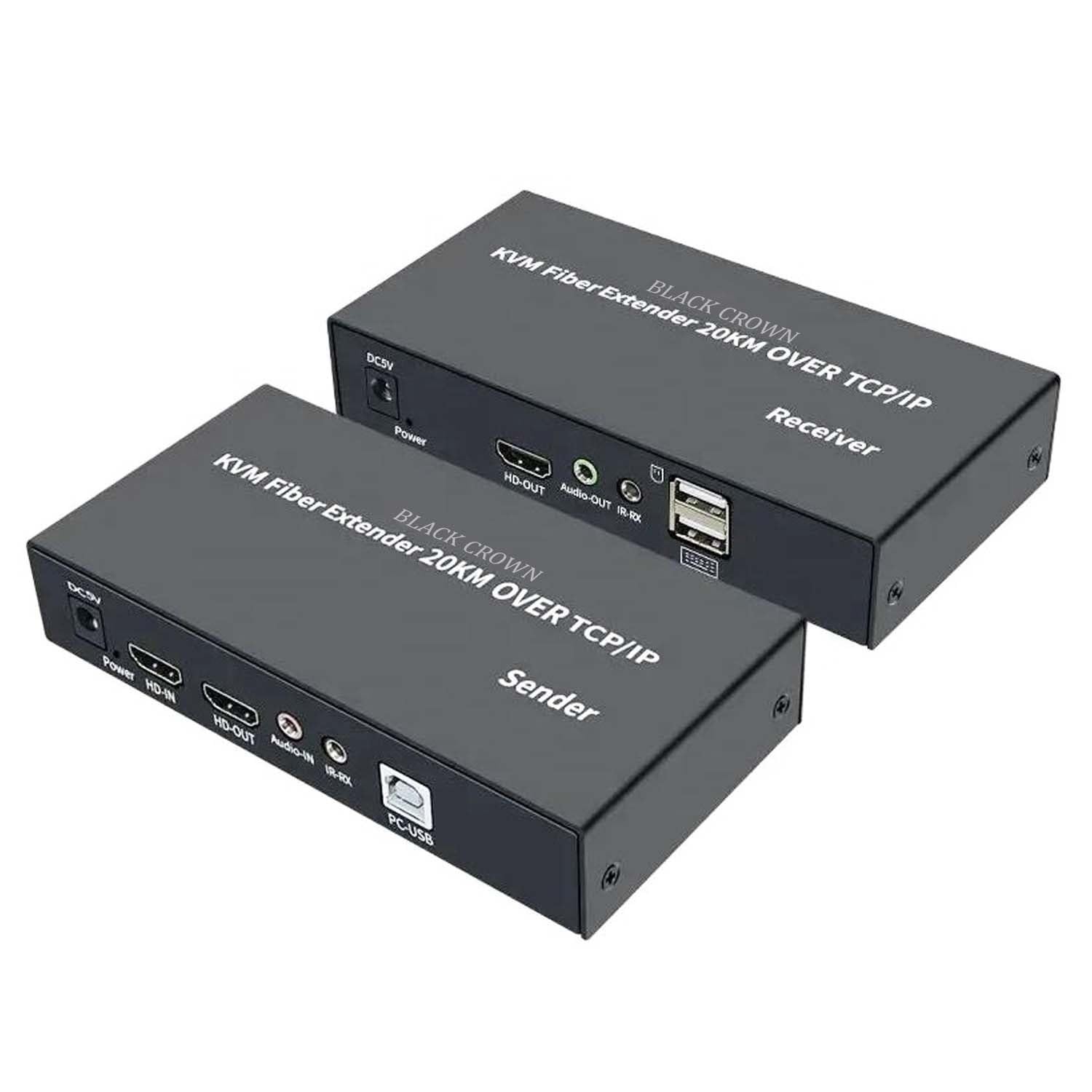 BLACK CROWN 4K 60Hz 20KM HDMI KVM Fiber Extender Over IP | 20KM USB 2.0 Transceiver | SC Optical, RJ45 Interface | Long Range Transmitter Receiver for Mouse & Keyboard Control (Black).-image-1