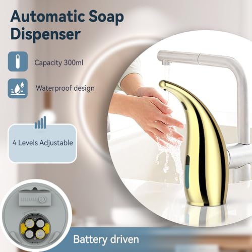 Image of Automatic Soap Dispenser with Infrared Sensor - Adjustable 4-Level Touchless Hand Soap for Kitchen, Bathroom - Battery Operated Electric Dispenser, Durable Plastic, Smart Soap Holder (Gold)