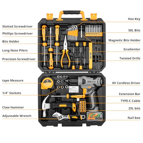 Tool Kit: DEKO Drill Set with Cordless Drill, Tool Kit Set Box, DIY Hand Tools for Men and Home, with 8V Electric Drills,126 Piece - Image 2