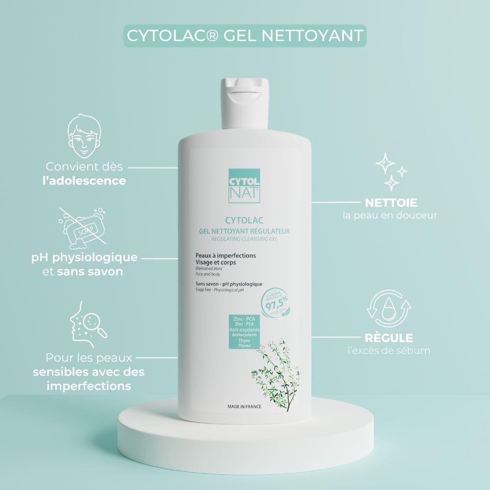 CYTOLNAT - Cytolac Gel Nettoyant - Nettoie en Douceur et Régule l’Excès de Sébum - Sans Savon - Peaux Sensibles, Mixtes à Grasses - Visage et Corps - Formule Naturelle - 250 ml