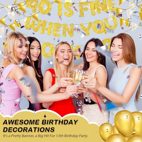 Image of Fulmoon Pre Strung 40 Is Fine When You Look 29 Banner Glitter Happy 40th Birthday Banner Funny 40th Birthday Sign 1985 Party Decorations for Men Women(Gold)