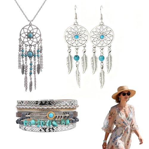 Pendientes bohemio mujer + Set de joyas turquesa + Estilo occidental vintage + 3 piezas + Collar 78cm Pulsera 19.4cm Pendientes 9.8cm + Azul turquesa