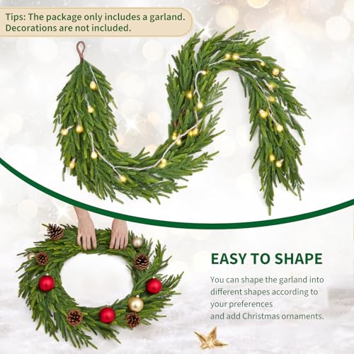 GarveeHome 6 Ft Realistic Christmas Garland, Real Touch Norfolk Pine Garland for Mantle, Dense Artificial Greenery Garland Decorations for Fireplace Stairs Railing Dining Table Indoor Outdoor, 1 Pcs