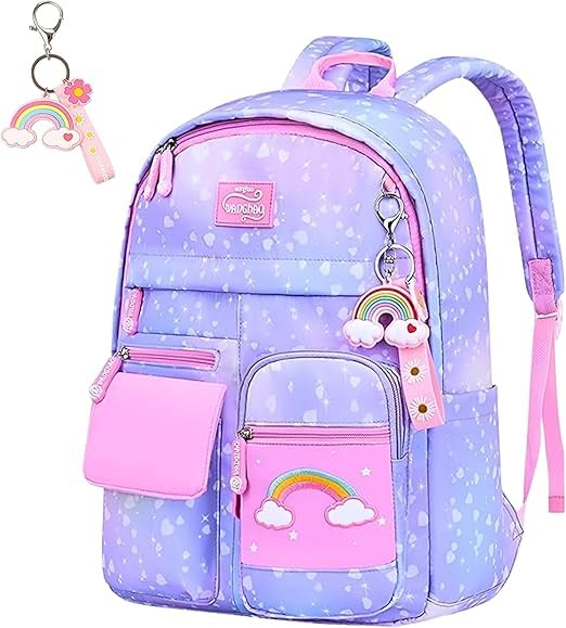Mochila Escolar Infantil Menina Impermeável 41cm – Mochila Feminina Infantil Reforçada com Compartimentos, Abertura 180°, Multi Bolsos, Leve para Escola, Passeio e Viagem (Arco-Íris Lilás)