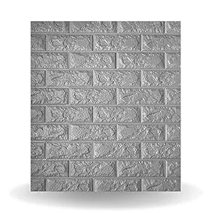 AMC 3D Brick Pattern PE Self Adhesive Foam Sheet in Grey Color for Wall Decor (Pack of 1 Sheet) (77x70cm)