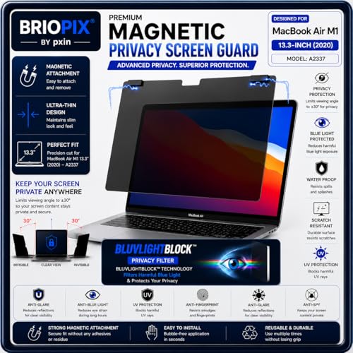 Image of Pxin Briopix Magnetic Privacy Screen compatible with 13 Inch Mac book Air | Anti Blue | Anti Glare | UV (A /B /C) Block | Nano Privacy Filter