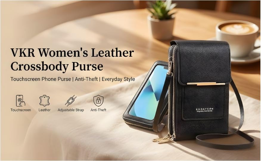 Image of VKR Women's Leather Crossbody Phone Purse with Touchscreen Pocket - Anti-Theft Mobile Sling Bag with Adjustable Shoulder Strap, Card Slots, Zipper Compartments & Compact Wallet for Daily Travel