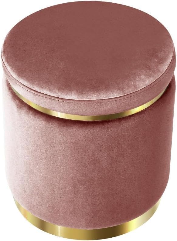Image of ETIQUETTE ART Upholstered Velvet Round Dual Strip Ottoman Office Stool Foot Rest Stool Linen Fabric Padded Seat Pouf Ottoman with Round Shape for Living Room (Pink)