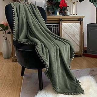 LOMAO Flannel Blanket with Pompom Fringe Lightweight Cozy Bed Blanket Soft Throw Blanket fit Couch Sofa Suitable for All Season  (Dark Olive, 130 * 160)