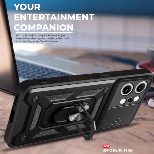 Image of Armor Bumper Back Cover Case for Oppo Reno 14 5G Rotating Camera Cover, Ring Holder & Kickstand | Heavy Duty & 360 Degree Protection Oppo Reno 14 5G Back Cover (Black)