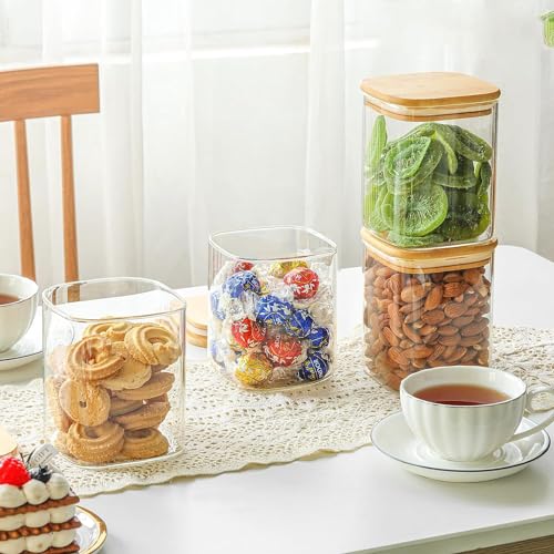 Image of Square Wooden Lid, Glass Jar Food Storage Containers Set, Airtight Food Jars with Kids Kitchen Canisters for Sugar, Candy, Cookie, Rice and Spice Jars (800ML SQUARE JAR, 6 PCS) Transparent