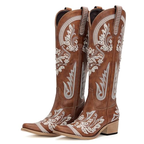 Image of vodvob Western Cowboy Boots for Women Rhinestone Knee High Cowgirl Snip Toe | Embroidery,Faux Leather Upper,Side Zipper,Pull-On Tabs,Chunky Heel,Wedding,Formal,Party,Country Concert