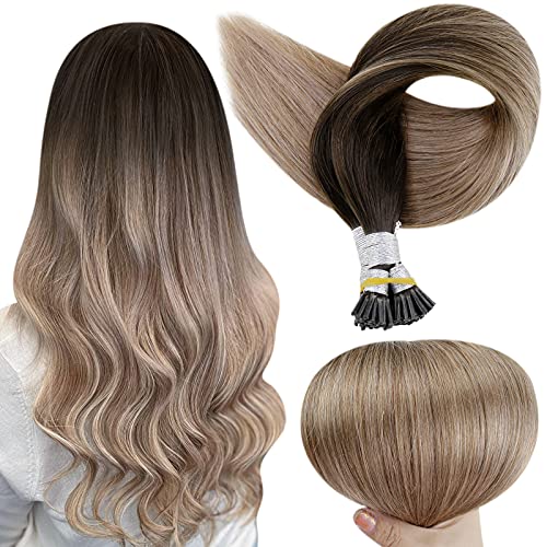 Full Shine 18 Inch Pre Bond I Tip Hair Extensions Human Hair 1 Gram Per Strand 50 Gram Per Packag Balayage Hair Extensions Fusion Tips Color 2 Fading To 6 Chestnut Brown And 18 Ash Blonde Remy Hair