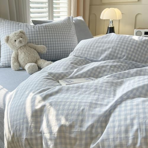 Image of mixinni Light Blue Gingham Duvet Cover Set Queen Size - 100% Washed Cotton 3 Piece Plaid Checkered Bedding Set, Soft Comfy Grid Farmhouse Comforter Cover with Zipper Closure & Corner Ties