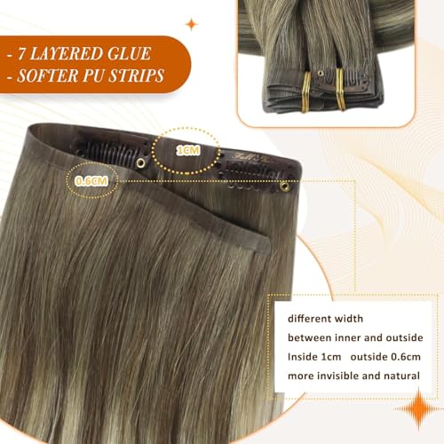 Image of Full Shine Human Hair Extensions Clip ins, Balayage Cool Brown Ombre Blonde | Seamless Ultra-Thin Weft, Long Straight Hair for Women, Heat Styling, Adds Length & Volume, Natural Blend, 22 Inch 8 Pcs 120g