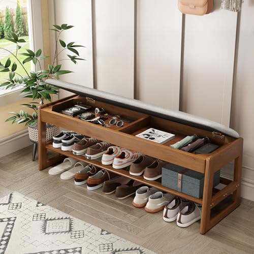 IUNVR Shoe Rack Bench with Cotton-Linen Cushion 2-Tier Wooden Storage Bench 550lbs Compact Simple & Modern Design for Entryway, Hallway, Bedroom, Living Room, Closet, Front Door Entrance, Foyer