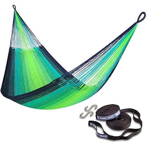 Handwoven Classic Double Hammock and Tree Strap Bundle: Shareable, Weathersafe Hammocks, Yellow Leaf Hammocks - “St. Lucia” Hammock, Fits 1-2 People (400 lbs) + Go Anywhere Hammock Straps - Extra Long Cover