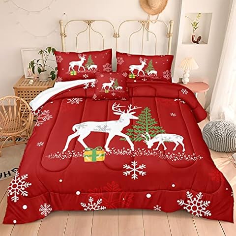 Bedbay Red Christmas Bedding Set Twin Sie Snowflakes Christmas Tree and Reindeer Printed Boys Girls Christmas Duvet Cover 3 Pcs Christmas Decoration (Red,Twin) Cover