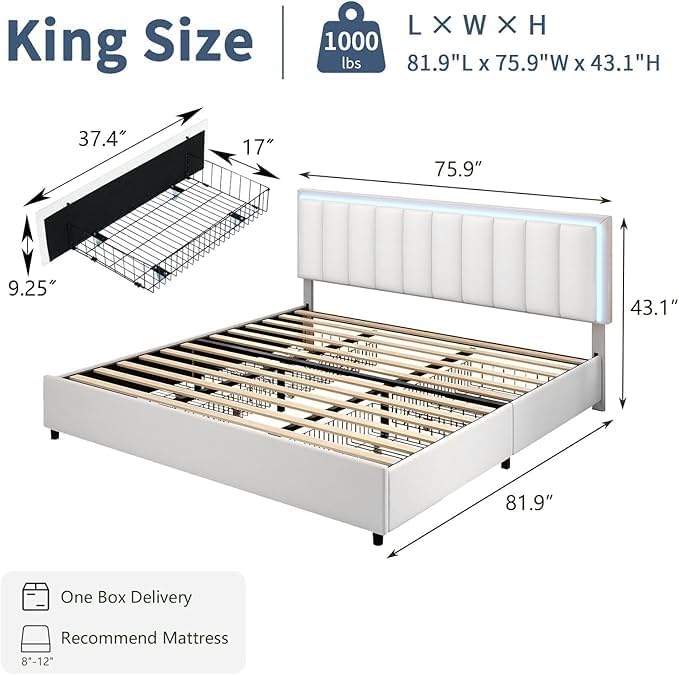 Diagram showing King size bed frame dimensions and components