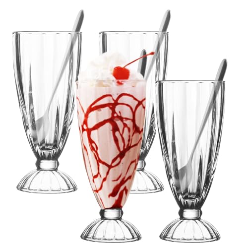 binsakao Lot de 4 verres à milkshake avec 6 longues cuillères en métal, verres à soda à l'ancienne, verre classique pour crème glacée, transparent, 355...