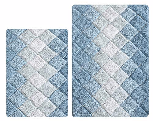 Bathroom Rugs Set 2 Piece in 100% Cotton Albany Inspired Bath Rugs 21x32/17x34, Blue Combo,Anitskid Bath Rugs Set,Cotton Bath Mat,Cotton Bath Rugs,Soft Absorbent Machine Washable,Non Slip Bath Rug