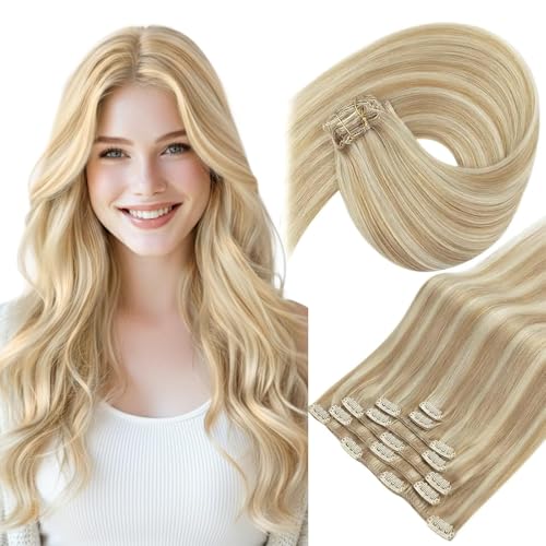 Image of Sunny Hair Clip in Hair Extensions Real Human Hair Blonde Highlight | Remy Hair Clip in Extensions Strawberry Blonde with Silky Smooth Hair and Easy to Blend for Busy Workdays 14 Inch 105g