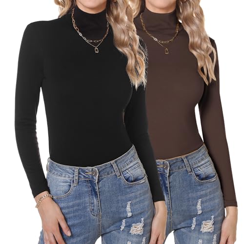 Aottori Pack de 2 Camiseta Cuello Alto Mujer Manga Larga Camisetas Básica Interior Ligera Ajustado Suave Tops Elegante Térmica Cálida Negro+Marrón M