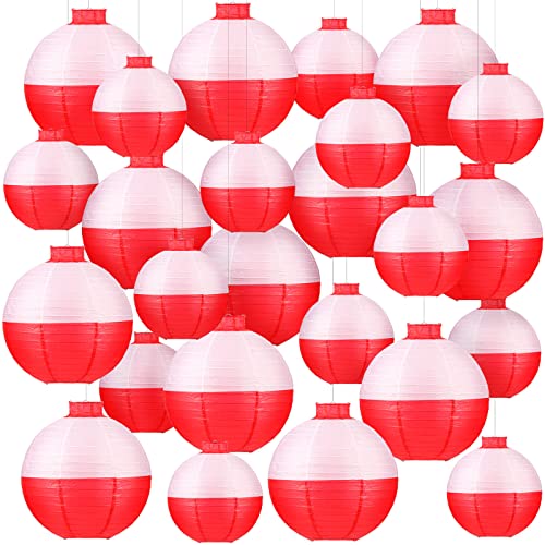 Set of 24 Fishing Bobber Round Paper Hanging Lanterns Fishing Party Decorations Hanging Lanterns White and Red Paper Lantern for Theme Birthday Party Supplies Favors, 12 Inches, 8 Inches
