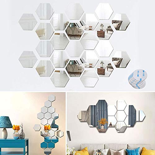 24 PCS Acrylic Mirror Wall Stickers with 3M Adhesive Pads, 3D Hexagon Mirror Wall Decal Self Adhesive Tiles for Home Living Room Bedroom Decor, 4.96