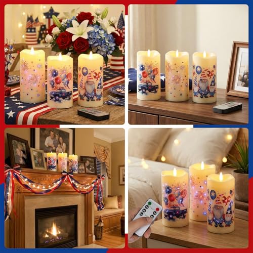 Image of Eywamage Patriotic 4th of July LED Candles, Flickering Fiber Optic Flameless Candles with Remote Set of 3